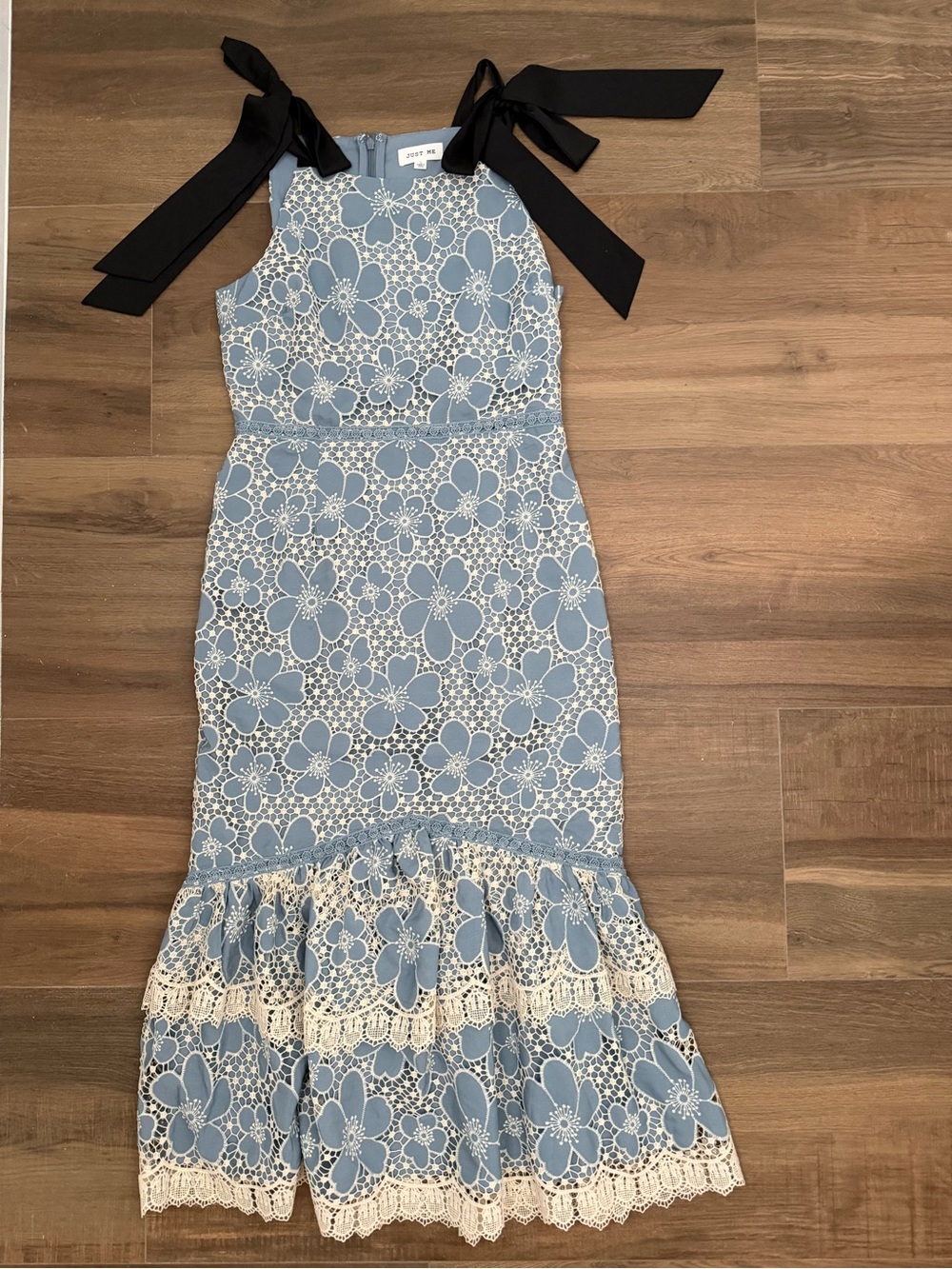 Just Me Blue Floral Lace Midi Dress with Black Tie Straps